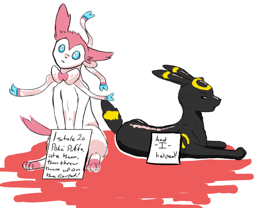 2014 ambiguous_gender black_fur blue_eyes blue_fur brown_eyes duo eeveelution english_text feral fur lying nintendo nude pink_fur pok&eacute;mon pok&eacute;shaming ribbons sign simple_background sitting sylveon text umbreon video_games white_background xinwan_(artist) yellow_fyr