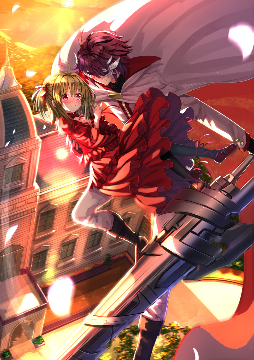 1girl blush building cape couple dress hanabusa_youtarou hetero highres jumping kidouin_makio lance lance_n'_masques lens_flare light_brown_hair looking_at_another mask petals polearm purple_hair red_dress red_eyes short_hair smile sun sunset swordsouls two_side_up weapon