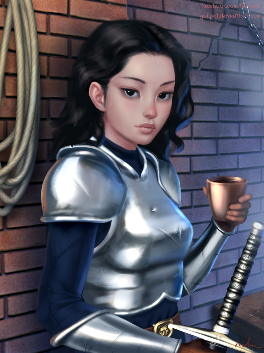 armor armored bad_id bad_pixiv_id belt black_eyes black_hair brick_wall chain cup gohpot highres long_hair looking_at_viewer original plate_armor realistic rope scar solo sword warrior weapon