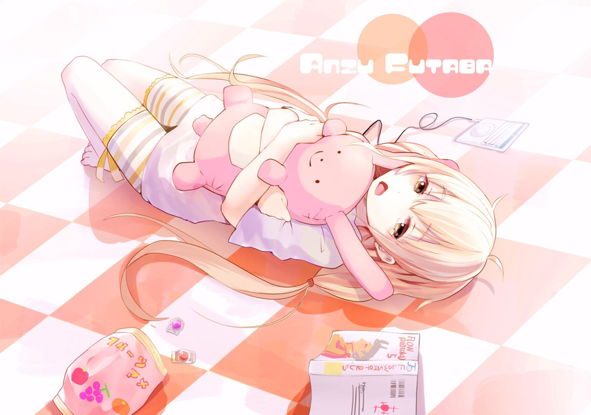 ahoge bangs barefoot bike_shorts blonde_hair book brown_eyes cable candy character_name checkered checkered_floor d: digital_media_player food full_body futaba_anzu greatpengh highres idolmaster idolmaster_cinderella_girls long_hair looking_at_viewer low_twintails lying object_hug on_back open_book open_mouth shirt short_sleeves shorts solo striped striped_bike_shorts striped_shorts stuffed_animal stuffed_bunny stuffed_toy t-shirt text_focus twintails