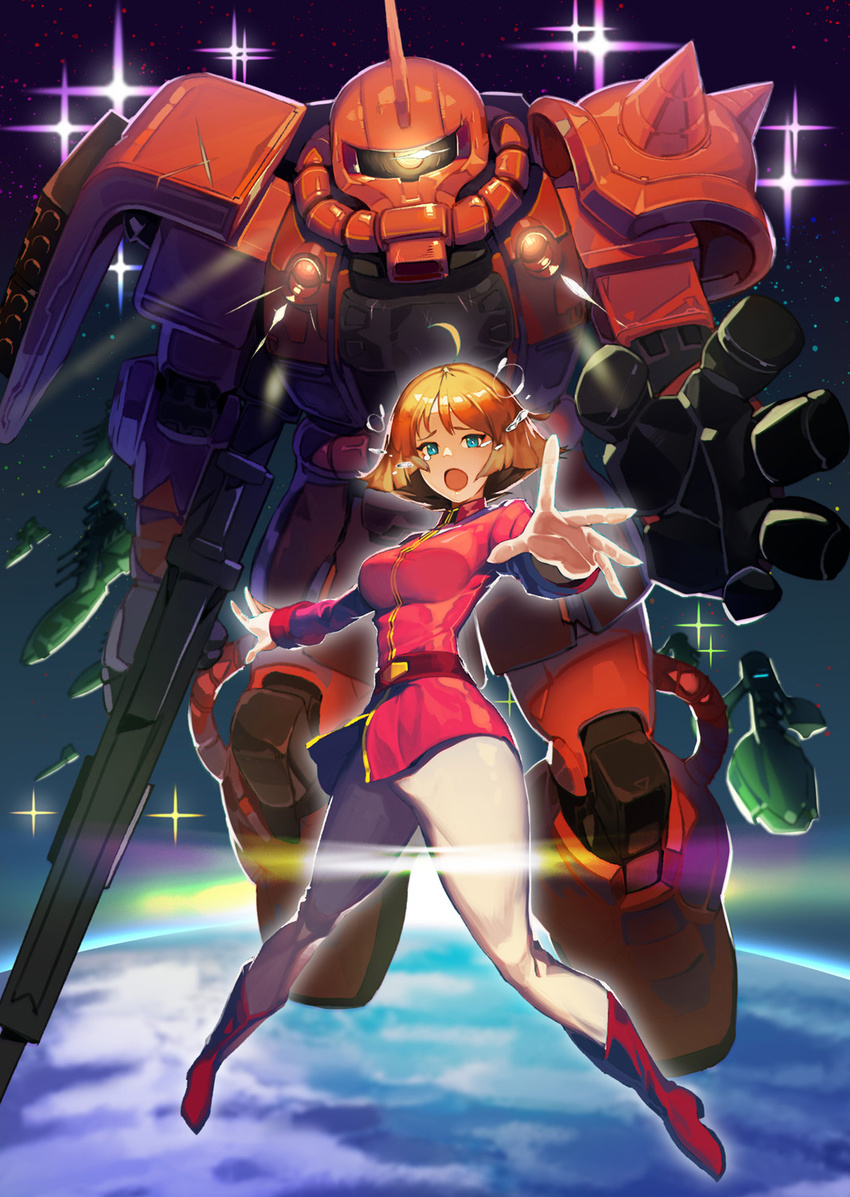 blonde_hair blue_eyes breasts gundam highres l.wolf mecha medium_breasts military military_uniform mobile_suit_gundam mobile_suit_gundam_the_origin sayla_mass short_hair solo uniform zaku zaku_ii zaku_ii_s_char_custom