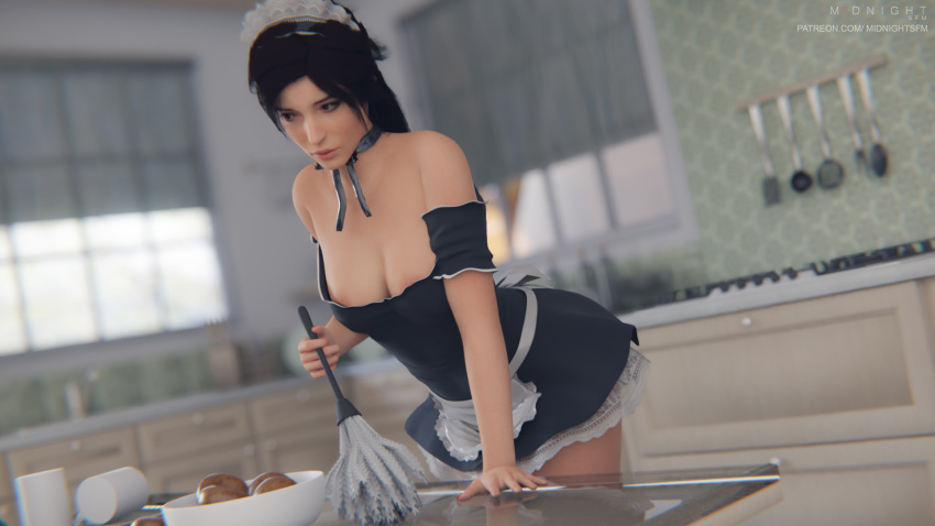 1girl 3d alternate_costume apron artist_request bent_over breasts duster enmaided headdress highres indoors kitchen lara_croft maid maid_apron maid_headdress nipples ponytail solo source_request table tomb_raider tomb_raider_(reboot)