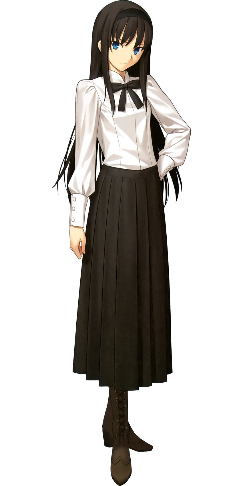 absurdres black_hair black_skirt blue_eyes dress_shirt full_body highres long_hair looking_at_viewer neck_ribbon official_art ribbon shirt skirt solo takeuchi_takashi toono_akiha transparent_background tsukihime tsukihime_(remake)