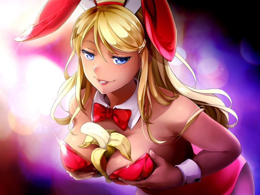 alternate_costume animal_ears banana bare_shoulders between_breasts blonde_hair blue_eyes bow bowtie breast_squeeze breasts bunny_ears bunny_girl bunnysuit cleavage detached_collar fake_animal_ears food fruit game_cg hair_ornament hairclip highres huniepop jessie_maye large_breasts leaning_forward long_hair looking_at_viewer mature naughty_face ninamo non-web_source pantyhose phallic_symbol sexually_suggestive smile solo wrist_cuffs