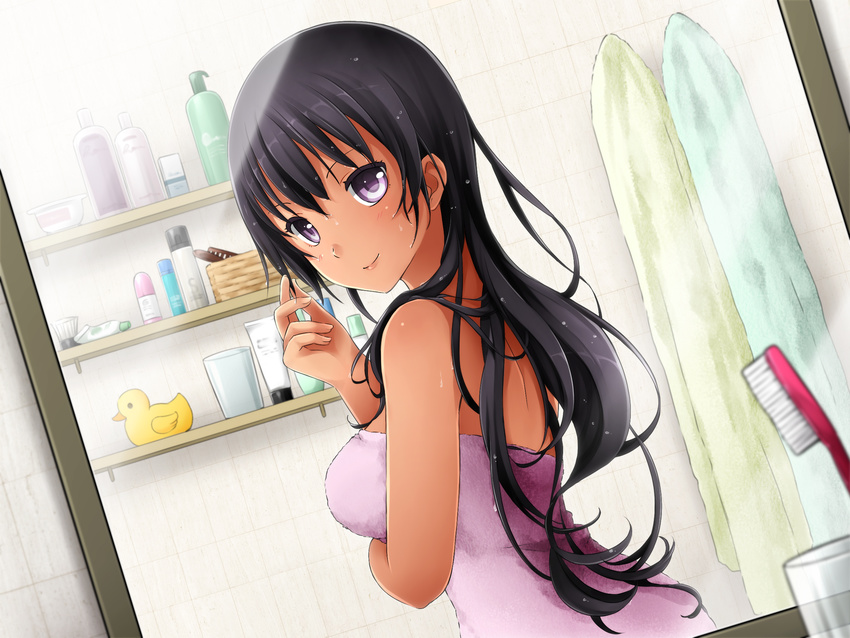 adjusting_hair bathroom black_hair blue_towel breast_hold breasts dark_skin dutch_angle game_cg highres huniepop kyanna_delrio large_breasts long_hair looking_at_viewer looking_back mirror mirrored naked_towel ninamo non-web_source pink_towel purple_eyes rubber_duck smile solo toothbrush towel wet wet_hair yellow_towel