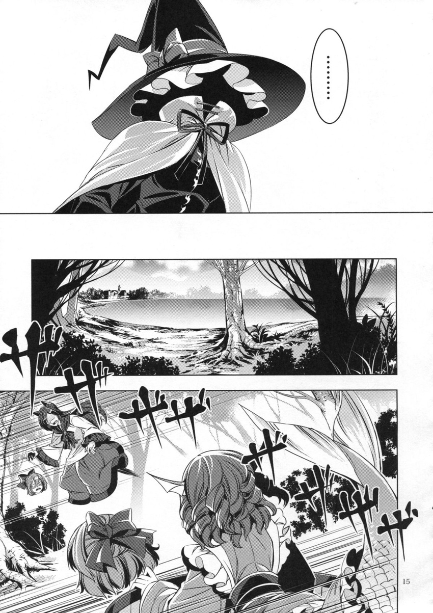 3girls animal_ears cape comic disembodied_head dress grass_root_youkai_network greyscale hat head_fins highres imaizumi_kagerou lake long_hair mermaid monochrome monster_girl multiple_girls scarlet_devil_mansion sekibanki shirt short_hair spoken_ellipsis touhou translation_request wakasagihime witch_hat wolf_ears zounose