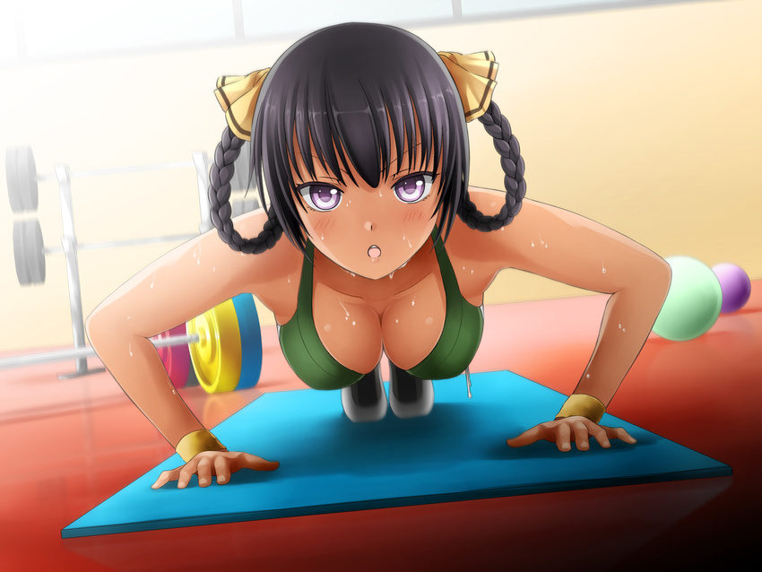 ball black_hair blush braid breasts cleavage dark_skin downblouse dutch_angle exercise game_cg gym hair_ribbon hair_rings hanging_breasts highres huniepop kyanna_delrio large_breasts looking_at_viewer ninamo non-web_source open_mouth purple_eyes push-ups ribbon solo sports_bra sweat sweatband twin_braids weights yoga_mat