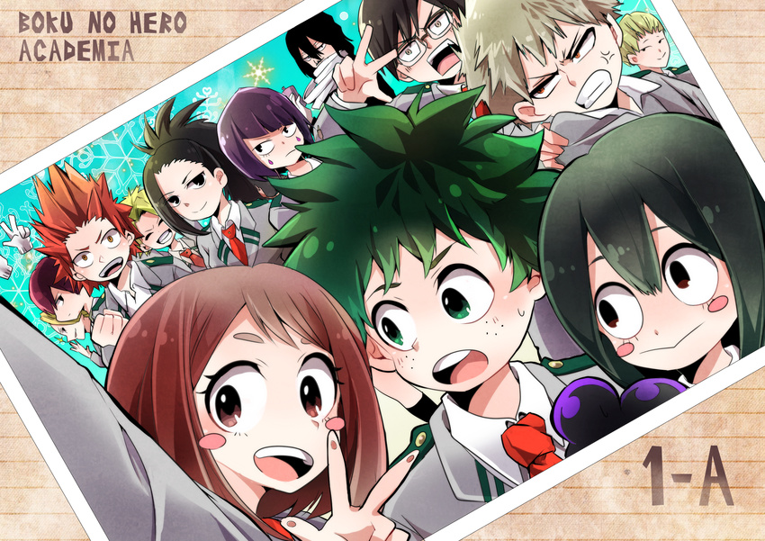 6+girls :&gt; aizawa_shouta anger_vein aoyama_yuuga asui_tsuyu bad_id bad_pixiv_id bakugou_katsuki black_hair blonde_hair blush_stickers boku_no_hero_academia brown_eyes copyright_name facial_tattoo freckles frog_girl glasses gloves green_eyes green_hair grin hagakure_tooru highres iida_tenya invisible jirou_kyouka kaminari_denki kirishima_eijirou long_hair midoriya_izuku mineta_minoru multiple_boys multiple_girls necktie ojiro_mashirao orange_eyes photo_(object) purple_hair red_eyes red_hair school_uniform short_hair smile tattoo todoroki_shouto u.a._school_uniform umi_(pixiv6861961) uraraka_ochako v yaoyorozu_momo