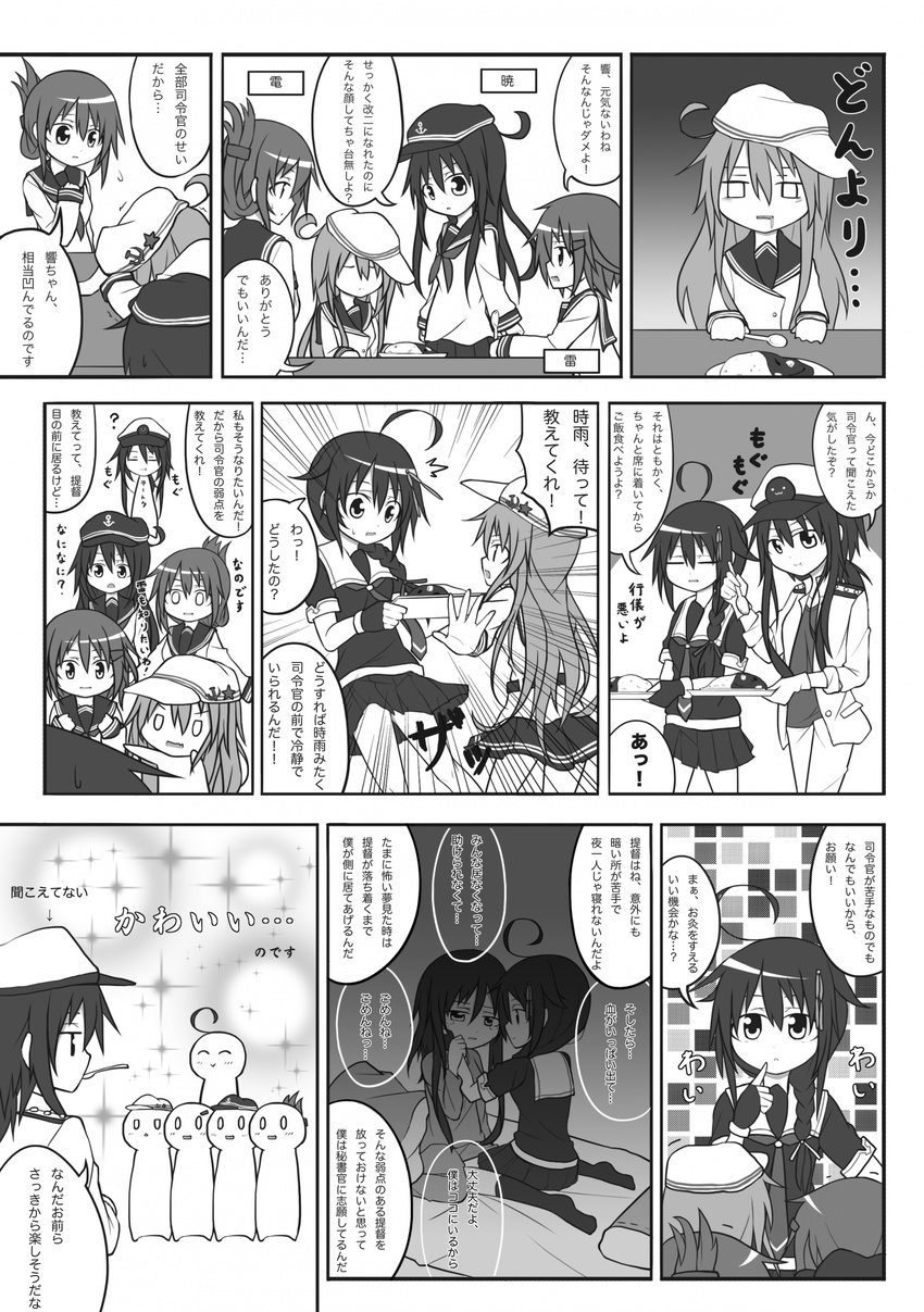 ? ahoge akatsuki_(kantai_collection) alternate_costume anchor_symbol bangs braid closed_eyes comic commentary directional_arrow drooling emphasis_lines female_admiral_(kantai_collection) fingerless_gloves flat_cap folded_ponytail futon gloves greyscale hair_between_eyes hair_flaps hair_ornament hair_over_shoulder hairclip hairpin hammer_and_sickle hat hibiki_(kantai_collection) highres holding holding_spoon ikazuchi_(kantai_collection) inazuma_(kantai_collection) kantai_collection long_hair long_sleeves low_ponytail monochrome mouth_hold multiple_girls nanodesu_(phrase) neckerchief open_mouth outstretched_arm peaked_cap pleated_skirt remodel_(kantai_collection) school_uniform serafuku shigure_(kantai_collection) short_hair short_sleeves single_braid skirt sleeves_rolled_up speech_bubble spoon translated verniy_(kantai_collection) wataru_(nextlevel)