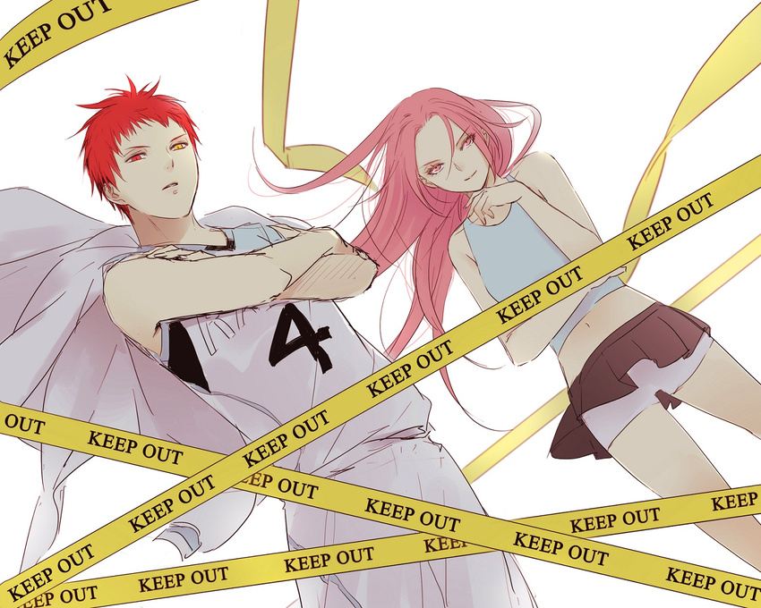 1girl akashi_seijuurou basketball basketball_uniform crossed_arms heterochromia kuroko_no_basuke long_hair momoi_satsuki pink_eyes pink_hair red_hair short_hair skier sportswear white_background yasai_(getsu)