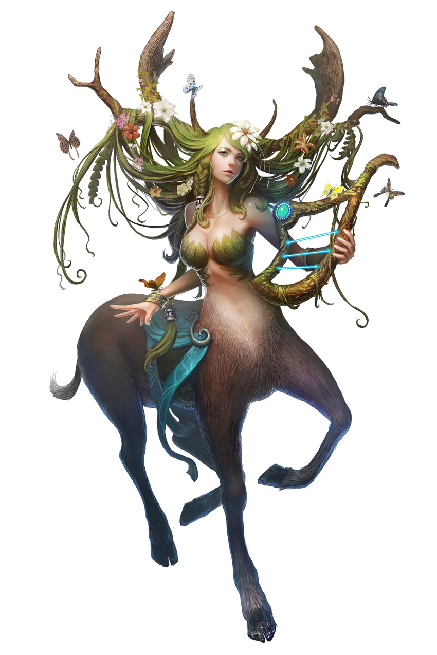 antlers artist_request asymmetrical_hair bangle bangs bracelet braid breasts bug butterfly centauroid chaos_online deer deer_tail fantasy flower full_body green_hair grey_eyes hair_flower hair_ornament harp highres insect instrument jewelry large_breasts leaf_bikini lips long_hair looking_at_viewer mayreel monster_girl official_art parted_lips plant saddle side_braid solo swept_bangs tail transparent_background vines