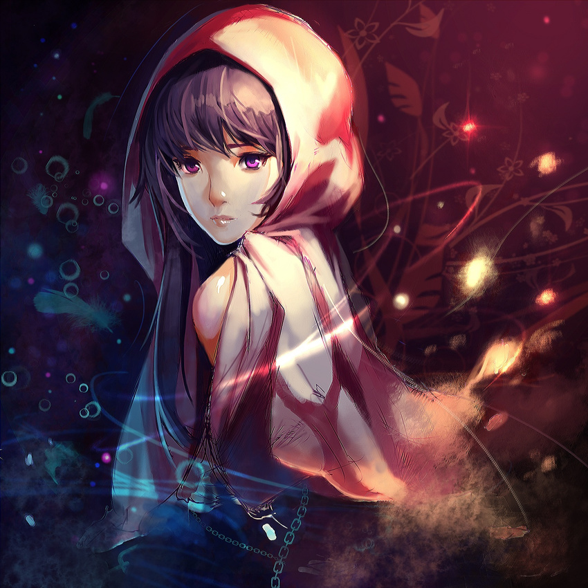 bad_id bad_pixiv_id bangs bare_shoulders black_hair bubble chain cloak deneb_(noble324) highres hood hooded_cloak leaf light_particles long_hair looking_at_viewer looking_to_the_side original purple_eyes solo