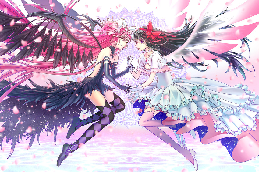 akemi_homura akuma_homura akuma_homura_(cosplay) black_hair black_legwear cosplay costume_switch kaname_madoka long_hair mahou_shoujo_madoka_magica mahou_shoujo_madoka_magica_movie multiple_girls pink_hair pink_legwear pokira purple_eyes role_reversal thighhighs ultimate_madoka ultimate_madoka_(cosplay) very_long_hair wings yellow_eyes