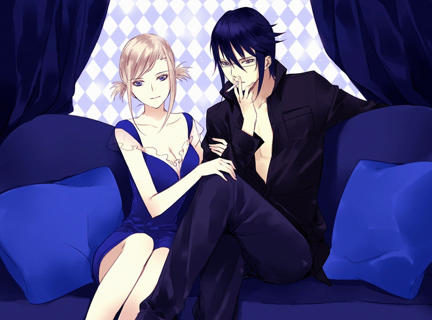 1girl awashima_seri black_hair blonde_hair blue_dress blue_eyes blue_hair breasts cigarette cleavage dress glasses hand_on_another's_knee k_(anime) looking_at_viewer medium_breasts munakata_reishi purple_eyes short_hair smile smoking twintails yasai_(getsu)