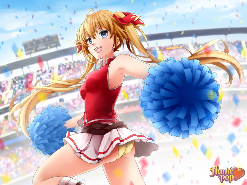 ahoge blonde_hair blue_eyes breasts cheerleader confetti hair_ribbon highres huniepop leg_lift long_hair medium_breasts ninamo official_art panties pantyshot pantyshot_(standing) pom_poms ribbon skirt sleeveless solo standing tiffany_maye twintails underwear watermark yellow_panties