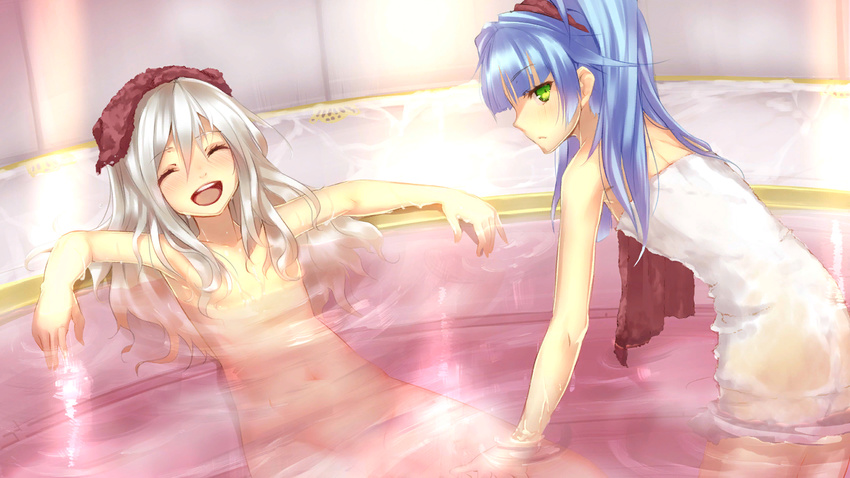 :d ^_^ ar_nosurge bathing blue_hair casty_rianoit censored closed_eyes convenient_censoring flat_chest game_cg green_eyes hair_between_eyes hair_censor hair_over_breasts leaning_forward looking_at_viewer multiple_girls naked_towel navel ntny nude open_mouth outstretched_arms partially_submerged sarly_planck silver_hair sitting smile steam surge_concerto towel towel_on_head