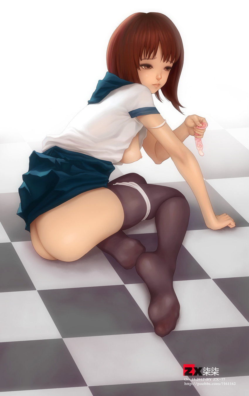 absurdres ass black_legwear breasts brown_eyes brown_hair checkered checkered_floor condom cum highres holding holding_condom medium_breasts nipples panties panty_pull school_uniform serafuku short_hair skirt skirt_lift socks solo thighhighs underwear used_condom white_background white_panties zx-77