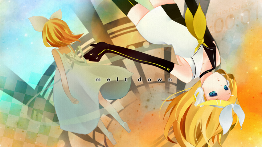 aqua_eyes bad_id bad_pixiv_id barefoot blonde_hair bow choker dress elbow_gloves gloves hair_bow headphones kagamine_rin kagamine_rin_(roshin_yuukai) potako roshin_yuukai_(vocaloid) short_hair soles solo thighhighs toes vocaloid