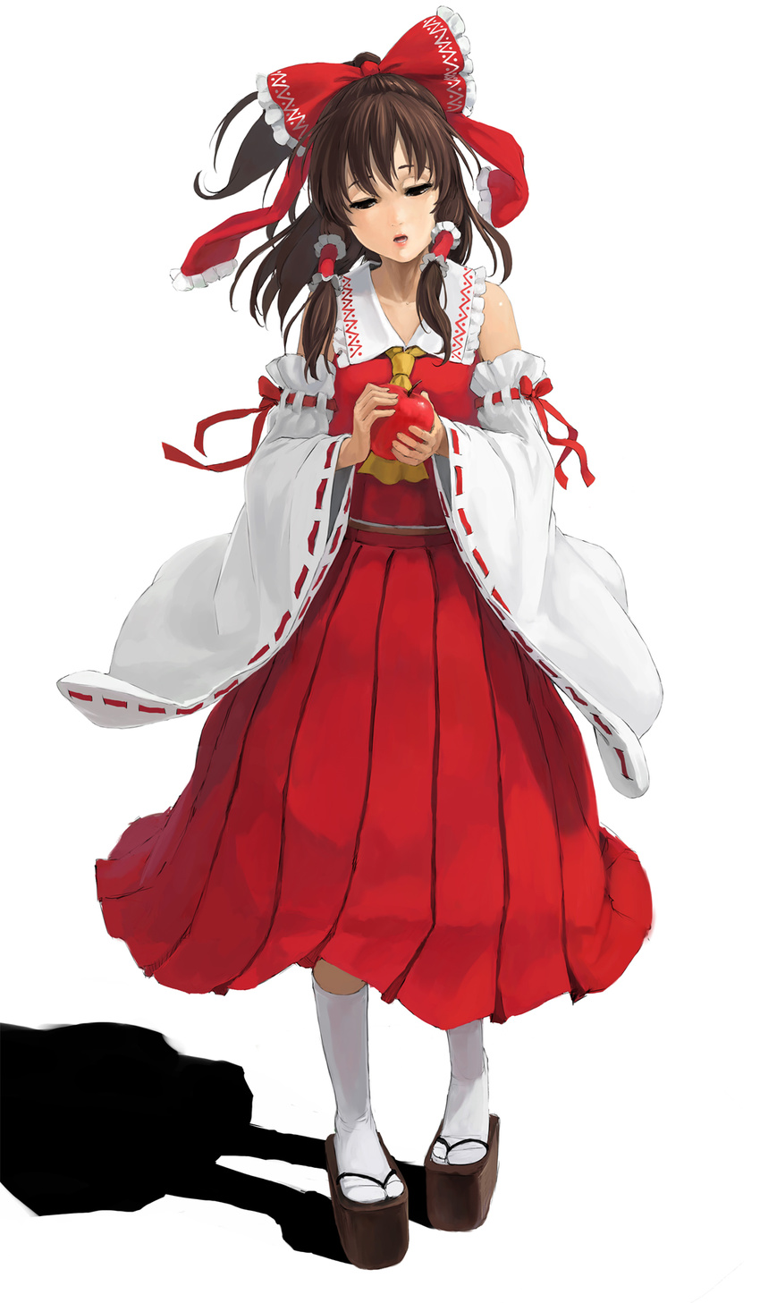 apple bad_apple!! bow brown_hair clog_sandals detached_sleeves food fruit hair_bow hakurei_reimu half_updo highres holding holding_food holding_fruit kuroko_(piii) short_hair solo touhou