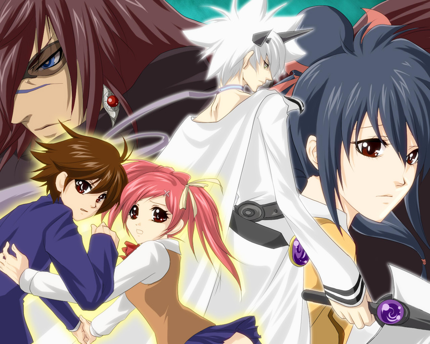 3boys bad_id bad_pixiv_id brown_eyes brown_hair chona final_fantasy final_fantasy_unlimited hayakawa_ai hayakawa_yuu holding holding_sword holding_weapon kuroki_kaze lisa_pacifist looking_at_viewer multiple_boys multiple_girls red_eyes shiroi_kumo short_hair spiked_hair sword twintails upper_body weapon white_hair