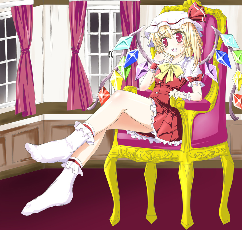 blonde_hair blush chair chin_rest fang feet flandre_scarlet full_body hat highres legs red_eyes short_hair side_ponytail sitting smile socks solo toni_(artist) touhou wings wrist_cuffs