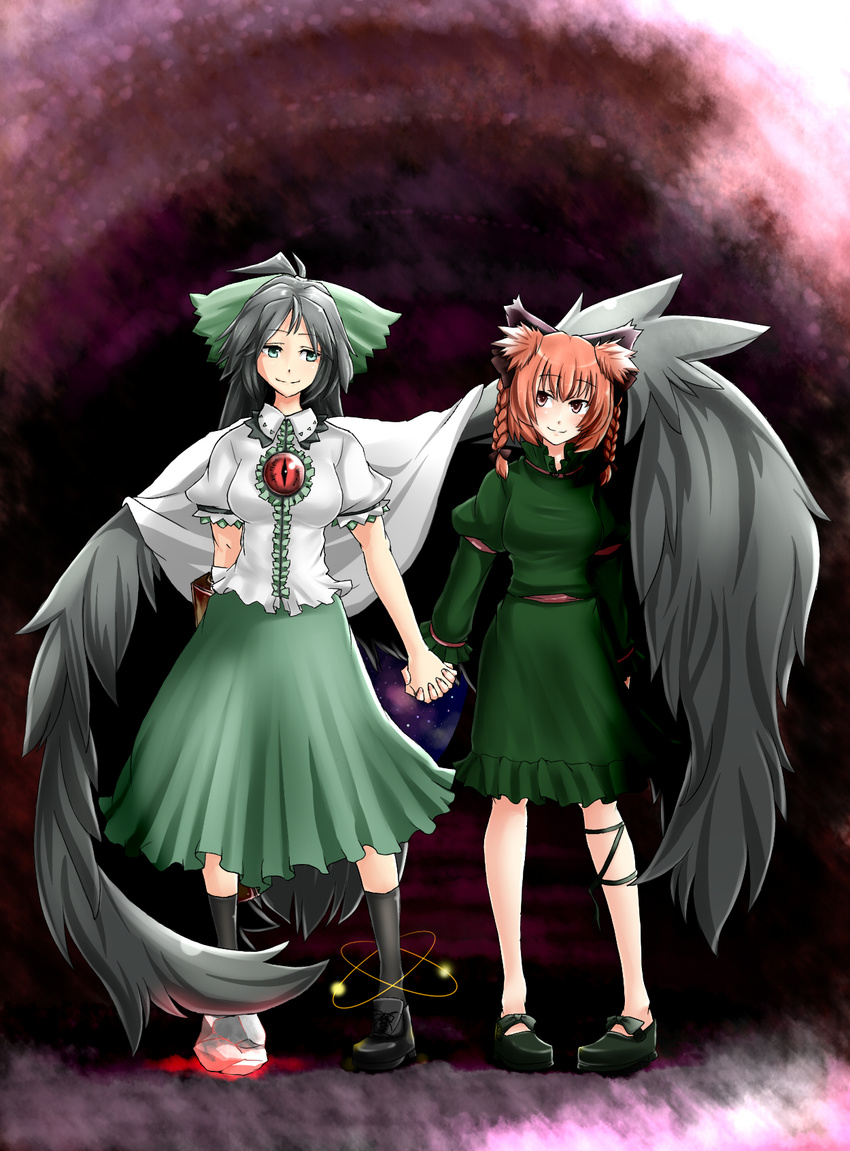 asymmetrical_clothes couple full_body highres holding_hands kaenbyou_rin miki_purasu mismatched_footwear multiple_girls reiuji_utsuho touhou wing_hug wings yuri