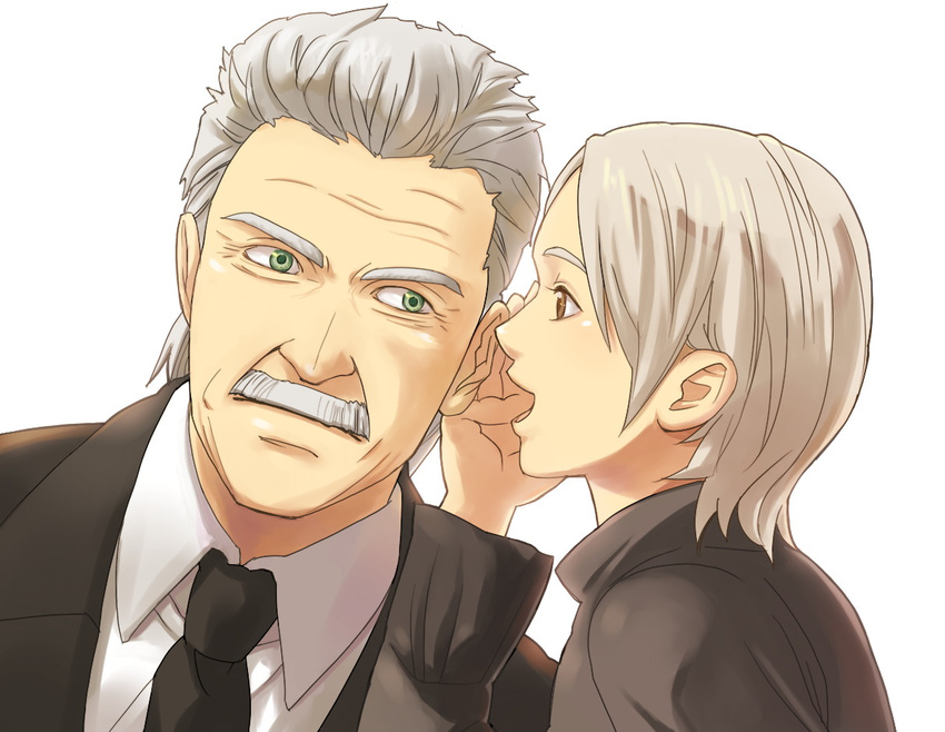 1girl face facial_hair grey_hair hinoe_(dd_works) metal_gear_(series) metal_gear_solid metal_gear_solid_4 mustache old_snake short_hair solid_snake sunny_gurlukovich whispering