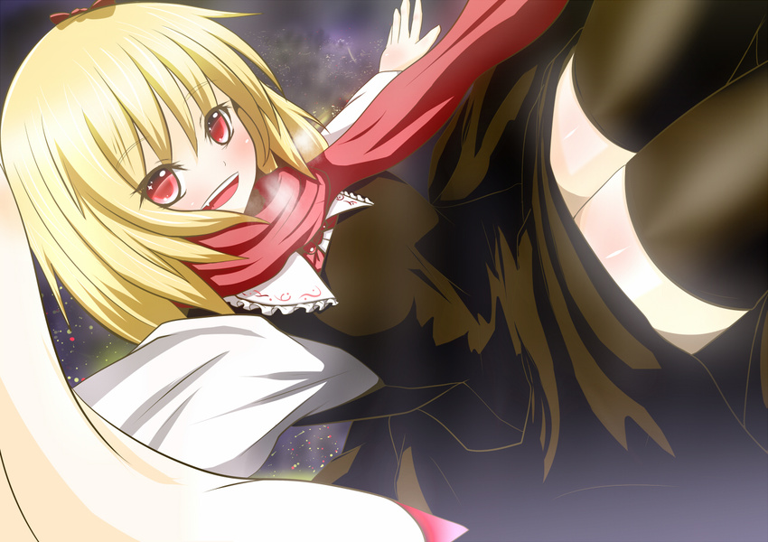 black_legwear blonde_hair breath foreshortening giorgio_claes outstretched_arms red_eyes rumia scarf short_hair smile solo spread_arms thighhighs touhou zettai_ryouiki