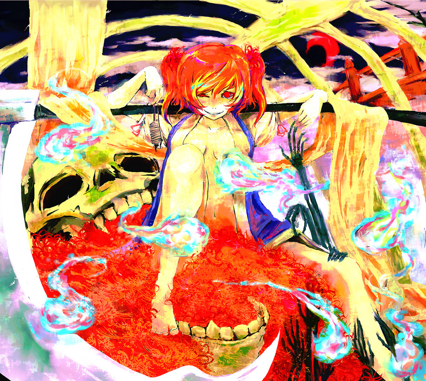 ast barefoot bridge coin flower highres looking_at_viewer navel one_eye_closed onozuka_komachi open_clothes red_eyes red_hair scythe short_hair skull smile solo spider_lily touhou two_side_up