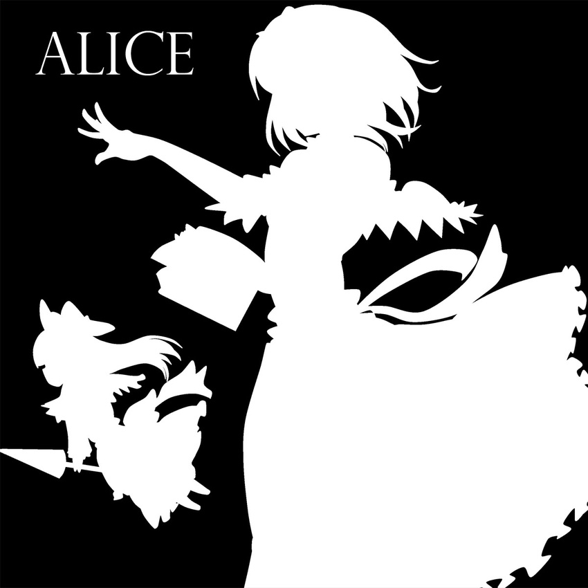 alice_margatroid bow character_name greyscale highres kitazinger monochrome shanghai_doll short_hair silhouette simple_background solo touhou