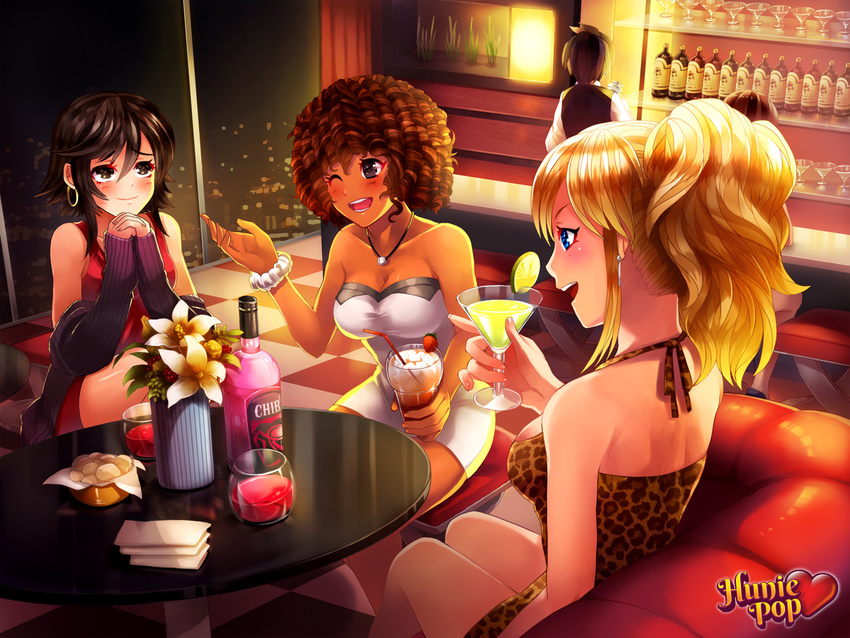 ;) aiko_yumi animal_print bare_shoulders black_hair blonde_hair blue_eyes blush bottle bracelet breasts brown_eyes brown_hair cleavage cocktail cocktail_glass commentary cup dark_skin dress drinking_glass earrings eyeliner halterneck hands_clasped hoop_earrings huniepop jessie_maye jewelry kaskia large_breasts leopard_print lola_rembrite long_hair makeup mature multiple_girls necklace off-shoulder_sweater official_art one_eye_closed own_hands_together ponytail promotional_art red_dress ringlets short_dress short_hair sitting smile strapless strapless_dress sweater watermark white_dress