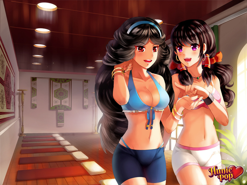 bangle beli_lapran bike_shorts black_hair bow bracelet breasts choker cleavage commentary dark_skin earrings front-tie_top hair_bow hair_flip hair_tubes hairband highleg highleg_panties hoop_earrings huniepop indian jewelry kaskia kyanna_delrio long_hair medium_breasts midriff multiple_girls navel official_art panties pink_eyes promotional_art red_eyes sports_bra underwear very_long_hair watermark