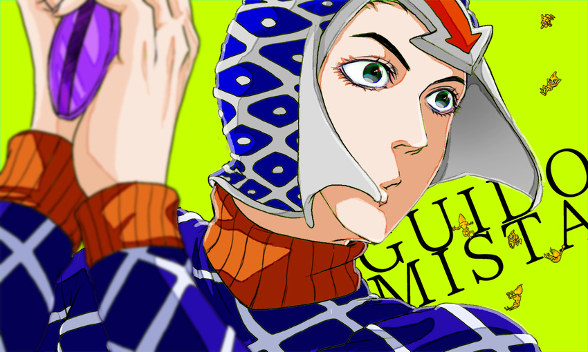 argyle argyle_sweater black_eyes blurry character_name depth_of_field guido_mista gun hadashi_(sgsm070911) hat holding holding_weapon jojo_no_kimyou_na_bouken open_mouth sex_pistols_(stand) stand_(jojo) sweater upper_body weapon