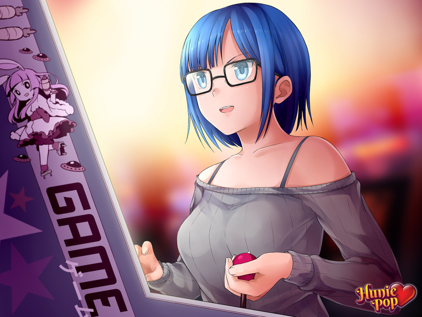 arcade_cabinet bare_shoulders blue_eyes blue_hair bra_strap breasts commentary game_cg glasses huniepop large_breasts nikki_ann-marie ninamo off-shoulder_sweater official_art playing_games ribbed_sweater short_hair solo sweater watermark