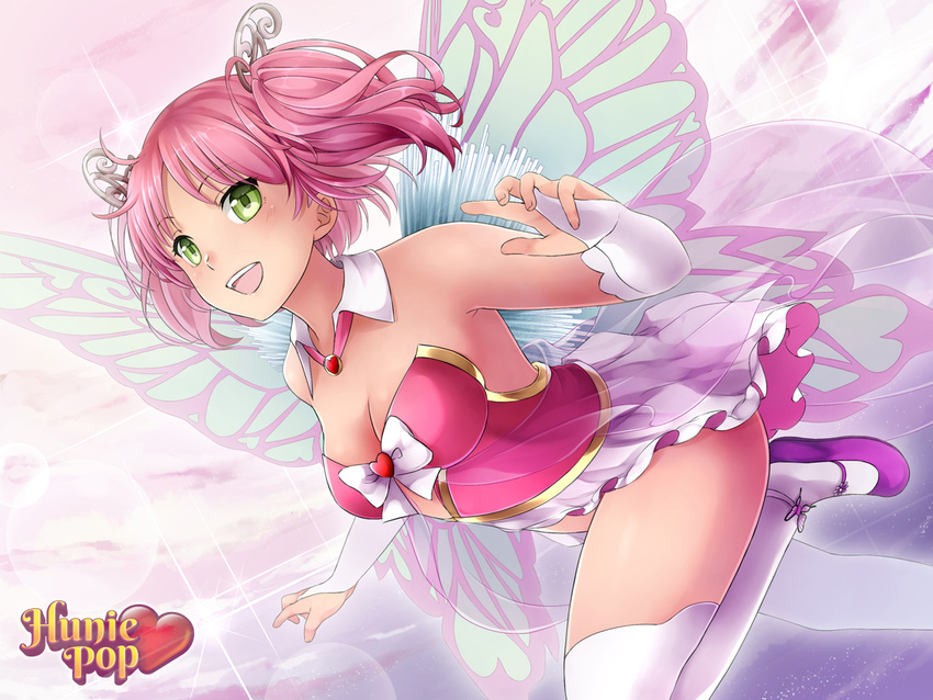 bare_shoulders blush breasts bridal_gauntlets cleavage commentary detached_collar fairy fairy_wings green_eyes hair_ornament hairclip huniepop kyu_sugardust large_breasts ninamo official_art pink_hair short_twintails showgirl_skirt smile solo thighhighs twintails watermark white_legwear wings