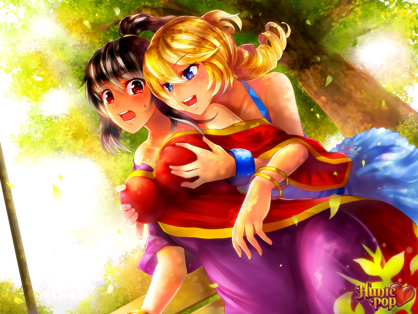 bangle bare_shoulders beli_lapran black_hair blonde_hair blue_eyes bracelet breast_grab breasts commentary deep_skin grabbing high_ponytail huniepop indian indian_clothes jessie_maye jewelry kaskia large_breasts long_hair mature multiple_girls official_art outdoors promotional_art red_eyes ringlets sari watermark