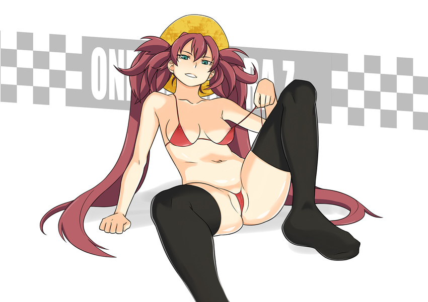 bikini black_legwear breasts cowboy_hat green_eyes hat highres kagura_(oneechanbara) killy_rock long_hair medium_breasts micro_bikini navel nipple_slip nipples no_shoes oneechanbara partially_visible_vulva purple_hair sitting solo spread_legs swimsuit thighhighs twintails undressing very_long_hair