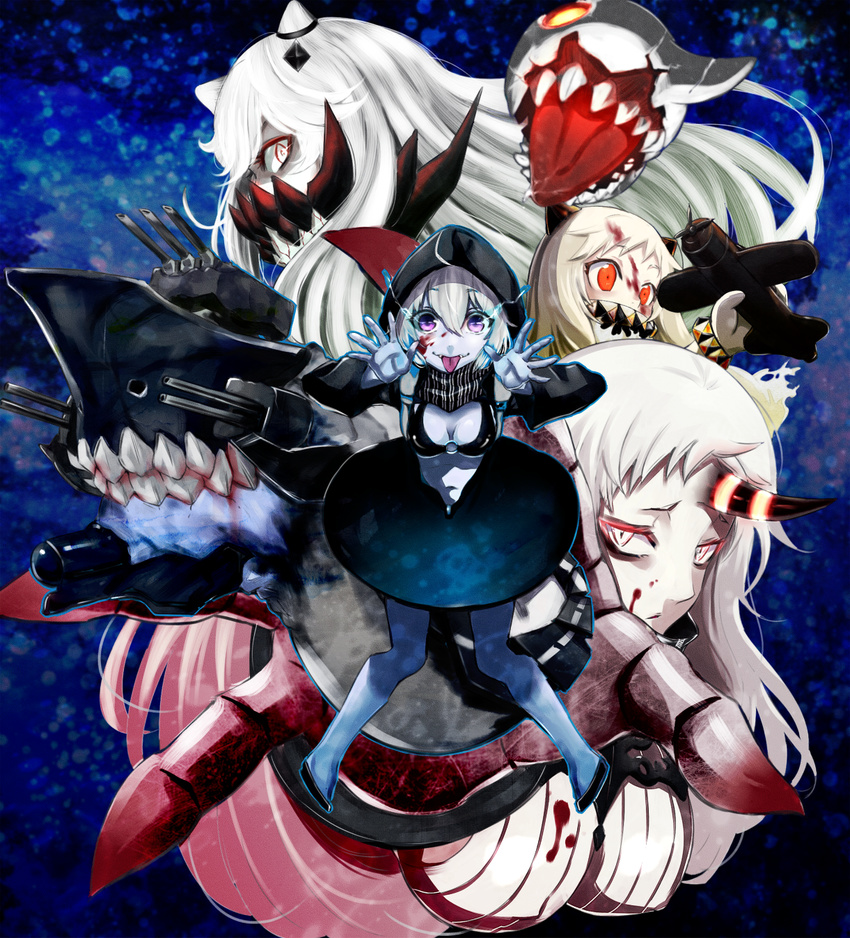 :p aircraft airplane bad_id bad_pixiv_id blood blood_on_face breasts cleavage enemy_aircraft_(kantai_collection) glowing glowing_eyes high_collar highres hooded_top horn horns kantai_collection long_hair looking_at_viewer medium_breasts midway_hime multiple_girls natsupa northern_ocean_hime o-ring o-ring_top orange_eyes outstretched_hand pale_skin purple_eyes re-class_battleship scarf seaport_hime shinkaisei-kan short_hair silver_hair striped striped_scarf tail taunting tongue tongue_out vertical_stripes white_eyes