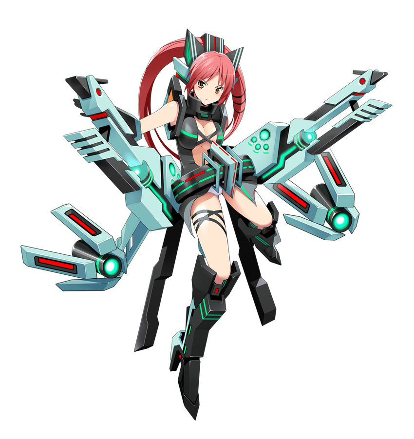 animal_ears armor armored_boots belt boots breasts cat_ears cleavage cosmic_break full_body large_breasts mecha_musume mialy morizo_cs official_art panties railgun red_eyes red_hair solo transparent_background twintails underwear weapon