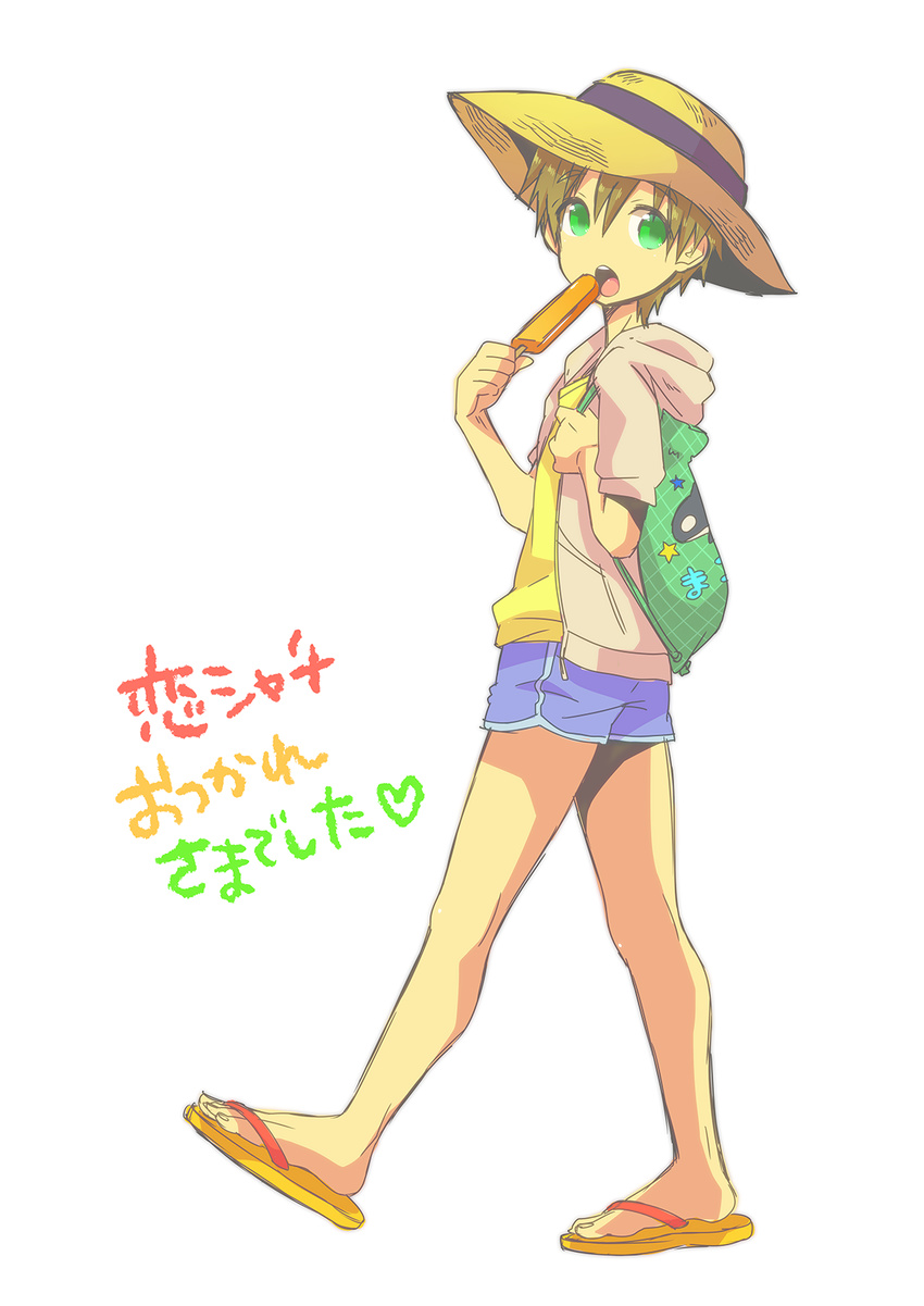 bag brown_hair child drawstring flip-flops food free! full_body green_eyes hat highres hood hoodie male_focus memeo_(candy_house) open_mouth popsicle sandals short_shorts shorts solo sun_hat tachibana_makoto younger