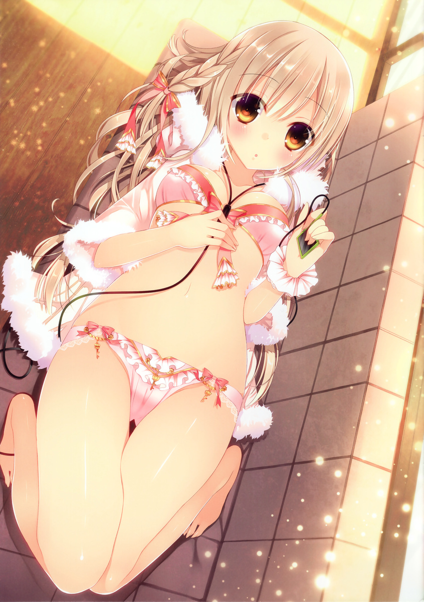 :o absurdres barefoot blush bow bow_panties bra braid breasts brown_hair coat couch digital_media_player fur_trim hair_bow hair_ribbon highres key long_hair looking_at_viewer lying medium_breasts navel on_back open_mouth original panties pink_bra pink_panties ribbon solo twintails underwear yadapot yellow_eyes