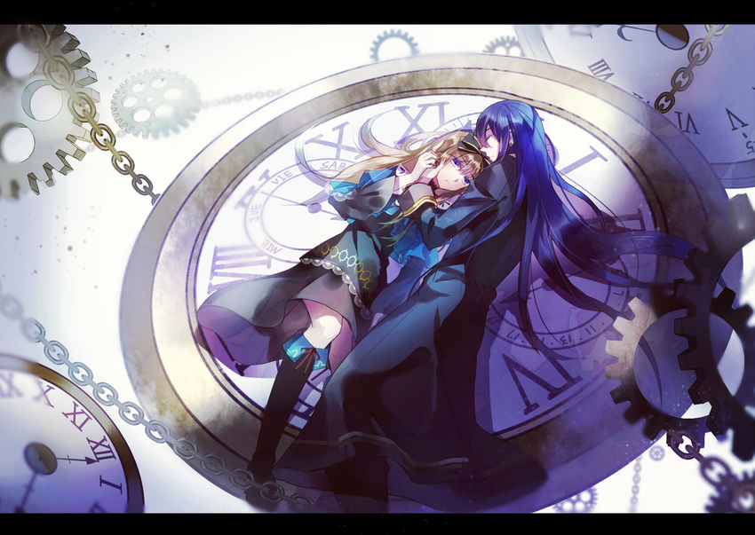 1girl alice_liddell blue_eyes blue_hair boots bow brown_hair capelet chain clock closed_eyes couple dress earrings gears hair_bow hands_on_another's_face heart_no_kuni_no_alice hetero highres holding_hands jewelry julius_monrey letterboxed long_hair magicpants pants robe sleeping very_long_hair