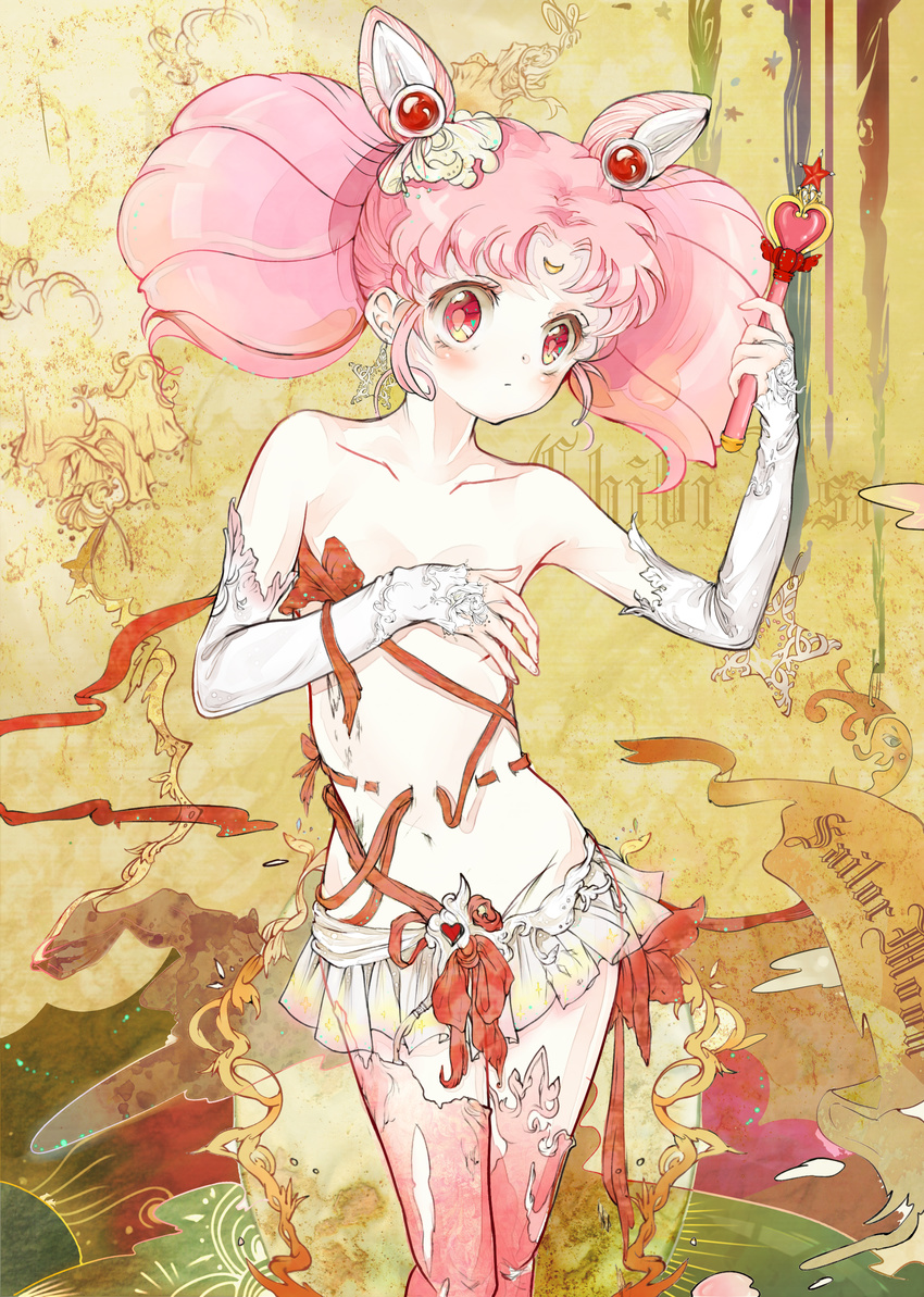 absurdres bangs big_hair bishoujo_senshi_sailor_moon bridal_gauntlets brok_(tcypy007) chibi_usa corset_piercing covering covering_breasts double_bun earrings facial_mark forehead_mark hair_ornament highres holding holding_wand jewelry miniskirt parted_bangs pink_eyes pink_hair pink_legwear pink_moon_stick ribbon_baton sailor_chibi_moon single_earring skirt solo star star_earrings thighhighs topless twintails wand