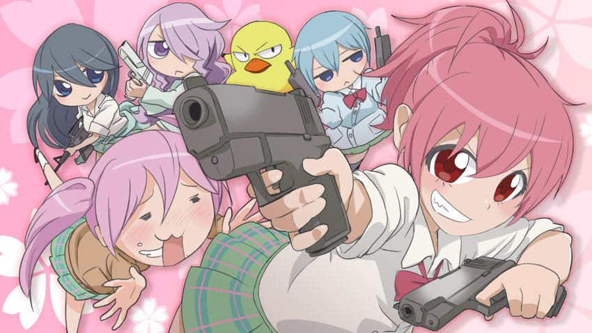 :&gt; :&lt; =_= black_hair blue_eyes blue_hair buki56 chibi dual_wielding goutokuji_kayo grin gun handgun holding jitome kamo_(sabagebu!) kasugano_urara_(sabagebu!) kyoudou_maya long_hair mole mole_under_mouth multiple_girls ootori_miou pink_hair ponytail purple_eyes purple_hair red_eyes sabagebu! saliva school_uniform short_hair skirt smile sonokawa_momoka twintails weapon yuri