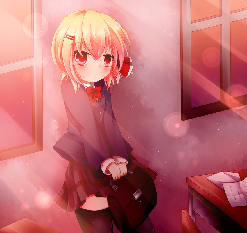 alternate_costume blonde_hair contemporary expressionless hair_ribbon highres kuroyume_(dark495) paper red_eyes ribbon rumia shirt short_hair skirt solo suit_jacket thighhighs touhou zettai_ryouiki