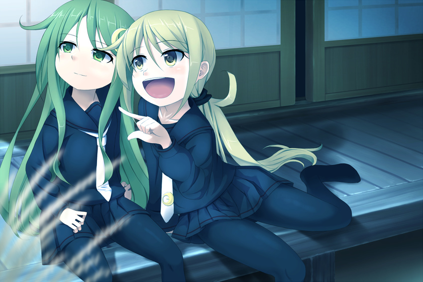 :d black_legwear black_serafuku black_skirt blonde_hair crescent crescent_hair_ornament green_eyes green_hair hair_ornament hair_tie kantai_collection long_hair long_sleeves looking_to_the_side low_twintails multiple_girls nagatsuki_(kantai_collection) neckerchief night no_shoes open_mouth pantyhose pleated_skirt pointing sailor_collar satsuki_(kantai_collection) school_uniform serafuku sitting skirt smile twintails utsushige veranda white_neckwear yellow_eyes