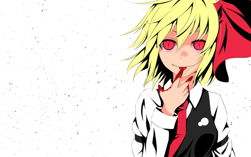 :p blonde_hair blood blood_on_fingers bloody_hands finger_licking hair_ribbon highres licking red_eyes ribbon rumia s-ghost shirt short_hair smile solo tongue tongue_out touhou vest