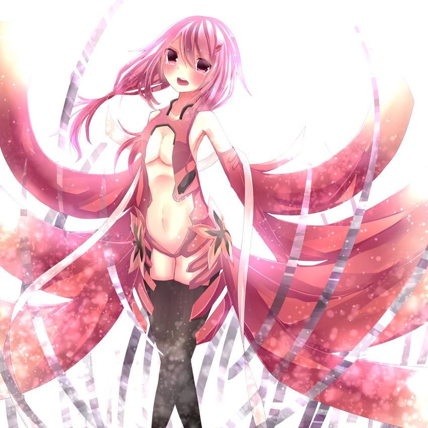 bad_id bad_pixiv_id bare_shoulders black_legwear breasts center_opening cleavage crying detached_sleeves elbow_gloves gloves guilty_crown hair_ornament hairclip highres kakyoxx long_hair looking_at_viewer medium_breasts navel open_mouth pink_hair red_eyes solo thighhighs twintails yuzuriha_inori