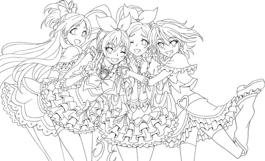 absurdly_long_hair bike_shorts boots bow bridal_gauntlets brooch choker commentary_request cure_black cure_melody cure_rhythm cure_white dress earrings elbow_gloves eunos eyebrows fingerless_gloves frilled_dress frills futari_wa_precure futari_wa_precure_max_heart gloves greyscale hair_bow highres houjou_hibiki hug jewelry leaning_on_person long_hair midriff minamino_kanade misumi_nagisa monochrome multiple_girls navel one_eye_closed ponytail precure short_hair shorts shorts_under_skirt skirt smile smirk suite_precure thick_eyebrows thighhighs twintails v very_long_hair yukishiro_honoka