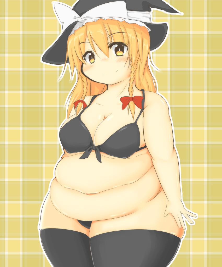 big_belly black_bra black_panties blush bra braid breasts commentary fat fat_folds front-tie_top hat highres kirisame_marisa large_breasts long_hair looking_at_viewer navel nengorogoro obese panties revision smile solo thick_thighs thighhighs thighs touhou twin_braids underwear underwear_only wide_hips witch_hat yellow_eyes